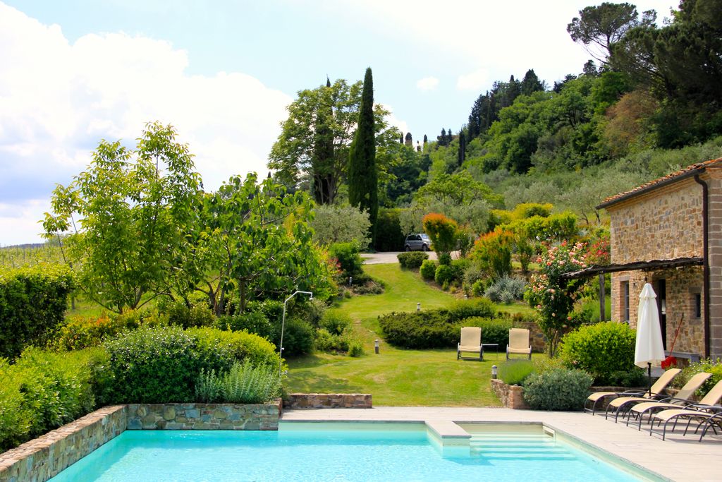 A sunny home with a pool, lawn and colourful garden beds